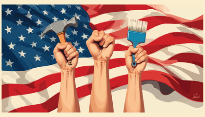 Vector art of labor day illustration with hands holding tools and american flag