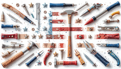 Vector art of labor day arrangement of tools with american flag isolated on white