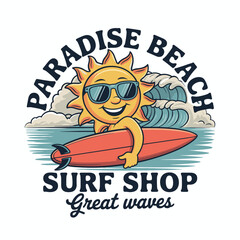 Cheerful sun character with sunglasses and surfboard at paradise beach happy