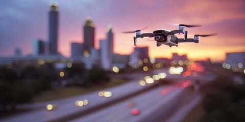 The drone soaring over a vibrant city skyline at sunset.