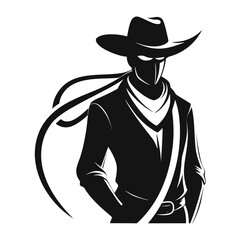 Silhouette of a stylish cowboy wearing a mask and scarf, with a confident stance, isolated on white background