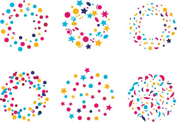 Six circular designs featuring colorful dots, stars, and confetti, arranged in a decorative, festive pattern.