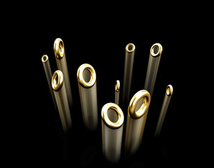Golden rings floating on a black background
