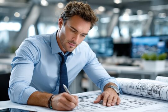 Engineer drafting architectural plans in modern office environment during daylight hours