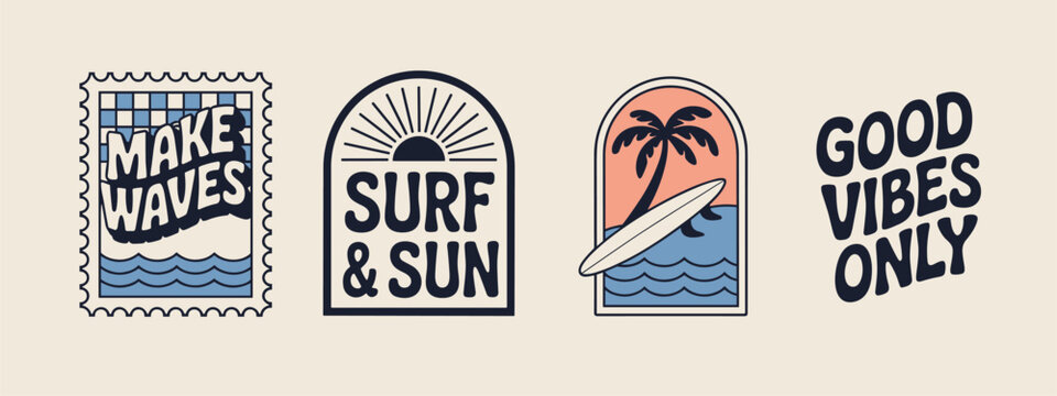 Four retro surf and beach themed graphic logos with text vintage