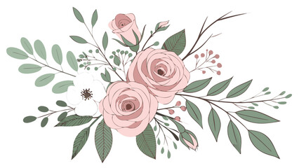 Set of floral branch. Flower pink rose, green leaves. Wedding concept with flowers. Floral poster, invite. Vector arrangements for greeting card or invitation design