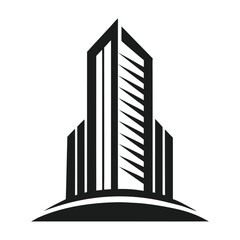 Obraz premium Sleek minimalist black and white logo of a modern skyscraper with sharp lines and a curved base, isolated on white background, conveying professionalism and architectural excellence