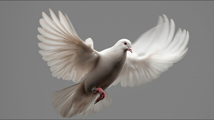 Obraz premium A white dove in mid-flight over plain gray background