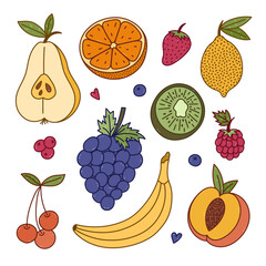 Lovely colourful set with juicy tasteful fruits and berries. Hand drawn doodle of pear, kiwi, peach, lemon, orange for design, social media, print. Tropical ripe fruit full of vitamins collection