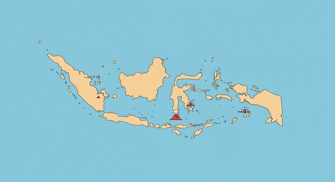 Simplified map highlighting Indonesian volcanoes, showing their locations across various islands.