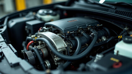 A meticulously detailed, high-resolution image of a car engine being assembled on a factory production line.  Show the intricate components in sharp focus and the precision of the assembly process.