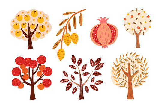 Orchard of Nature's Bounty: A collection of stylized trees laden with fruits, showcasing the vibrant diversity of nature's harvest with bright colors and whimsical forms.