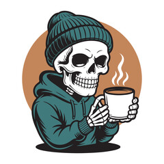 Cozy Skeleton Enjoying Hot Coffee – Cartoon Vector Illustration