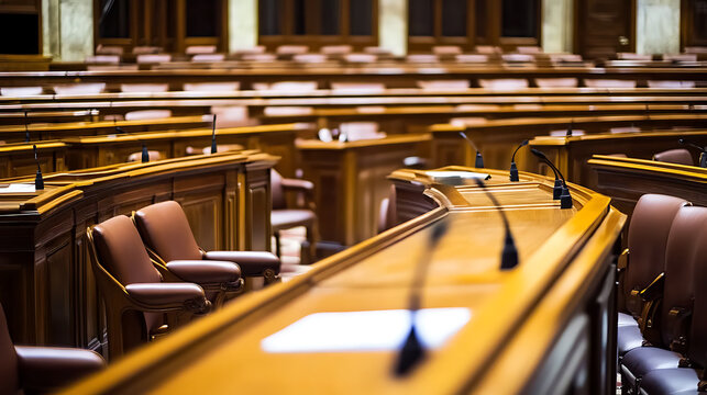 Empty parliamentary hall ready for session. Rows of desks with microphones. Brown seats. Wooden interior. Waiting for politicians and government officials.