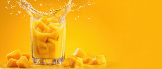 The refreshing mango juice with splash in a vibrant yellow background.