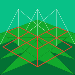 Geometric landscape with red grid and white lines