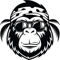 Cool chimp wears sunglasses and a bandana, showcasing a unique, captivating monochrome image