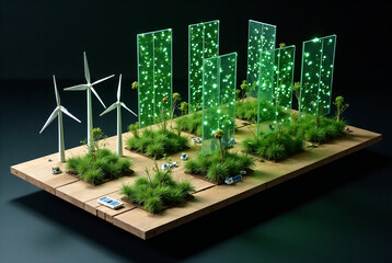 A futuristic power plant with advanced carbon capture systems (CCS) actively reducing CO2 emissions.  Show clean energy sources like solar panels and wind turbines integrated into the plant's design. 