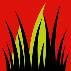 Abstract red background with black and green grass shapes