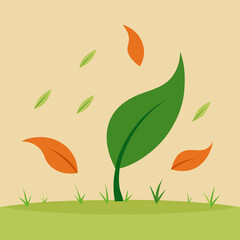 Autumn leaves falling around a green plant on a beige background