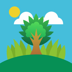 Stylized tree and sunny sky with clouds