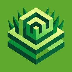 Geometric green cube structure with leaf accents