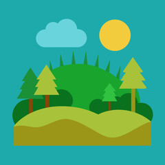 Stylized landscape with trees sun and cloud