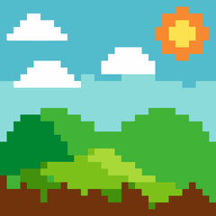 Pixel art landscape with sun and clouds