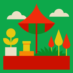 Abstract garden scene with red umbrella and yellow flower