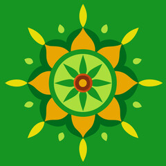 Green background with a colorful floral mandala design