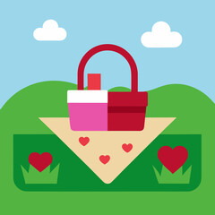 Romantic picnic scene with hearts and a basket