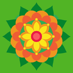 Vibrant geometric flower mandala design on green background