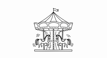 Fototapeta premium Charming Black Outline Carousel with Two Horses and Flag, Simple Line Art Style