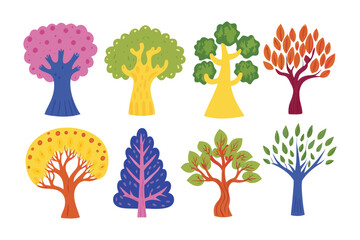 Vibrant Tree Collection: An assortment of playful trees showcases nature's diversity with a spectrum of colors and unique shapes, celebrating the beauty of arboreal forms.