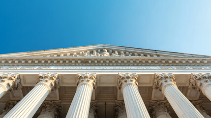 Fototapeta premium Majestic neoclassical building facade featuring grand columns and intricate architectural details set against a clear blue sky.