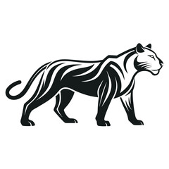 Stylized black and white illustration of a majestic tiger walking, showcasing its powerful build and distinctive stripes, isolated on white background