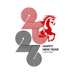 Red fire Horse is a symbol of the 2026 Chinese New Year on white background. Horses head in a zero number round decor frame. Vector illustration of zodiac sign for greeting card, poster,calendar