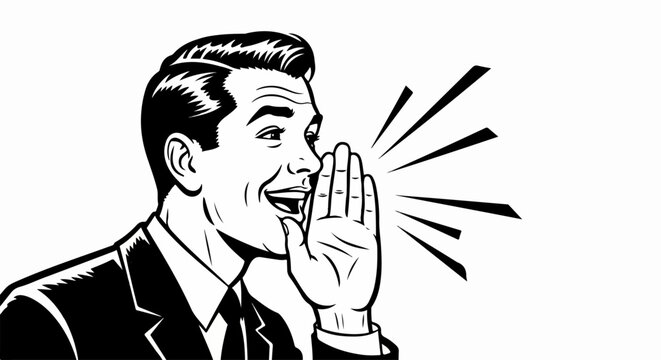 Retro pop art illustration of a smiling man in a suit shouting with his hand cupped to his mouth.