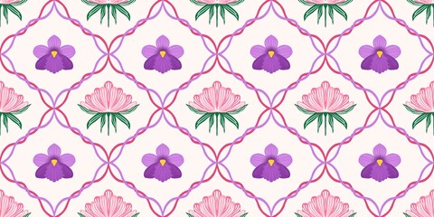 Obraz premium Seamless watercolour and unique floral pattern background for covers, notes, banner. Soft backgrounds colour. Watercolour art work. Flower stalk. Colourful flower. Summer Spring.