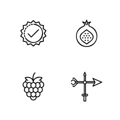 Collection of Four Outline Icons Featuring a Quality Seal a Pomegranate Fruit Grapes and a Weather Vane