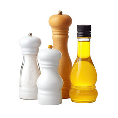 Collection of Salt and Pepper Shakers with Olive Oil Bottle on a White Background for Culinary Use and Kitchen Decor