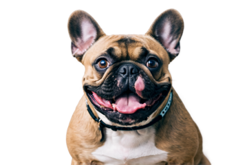 French bulldog with tongue out and collar isolated on a transparent background fawn