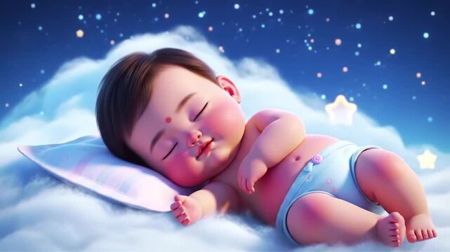 Lullaby For Babies video animation template looping Cute baby sleep at night on cloud with stars