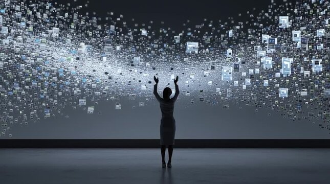 Person wearing futuristic gloves rapidly sorts a massive stream of data, files, and photos on a giant semi-transparent screen using elegant hand gestures, visualizing speed, control, and advanced huma