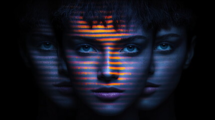 Woman's face with digital glitch effect. Futuristic AI and data analysis concept for cybersecurity and technology.