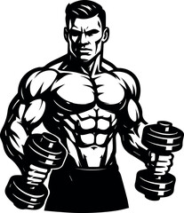 Muscular Bodybuilder Lifting Dumbbells Black and White Illustration