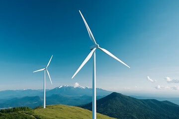 Renewable Energy: Wind turbines on a green hilltop against blue sky and mountains. Sustainable power generation in a natural landscape.