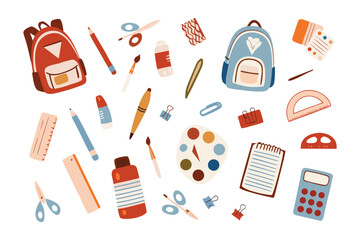 Essential School Tools: A vibrant collection of school supplies, including backpacks, pencils, and scissors, meticulously arranged to inspire creativity and learning.