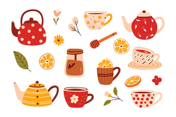 Tea-time Illustration: A collection of vibrant, hand-drawn tea sets, teacups, and complementary elements, like honey dippers and lemons, set the scene for a cozy tea break.