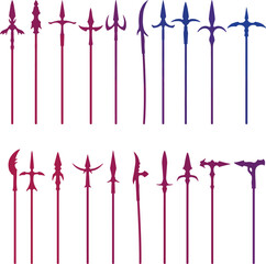 Spear and Polearm Vector Color Illustration Set. A detailed collection of vibrant medieval and historical weapon designs for fantasy, gaming, and comics.